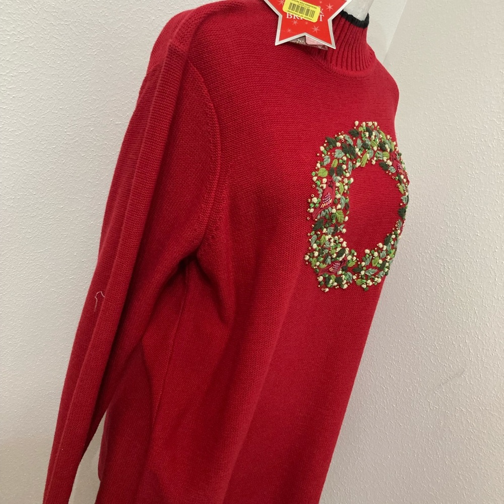 NWT Vintage Merry and Bright Red Christmas Sweater With Black Trim Size Large - Picture 4 of 16